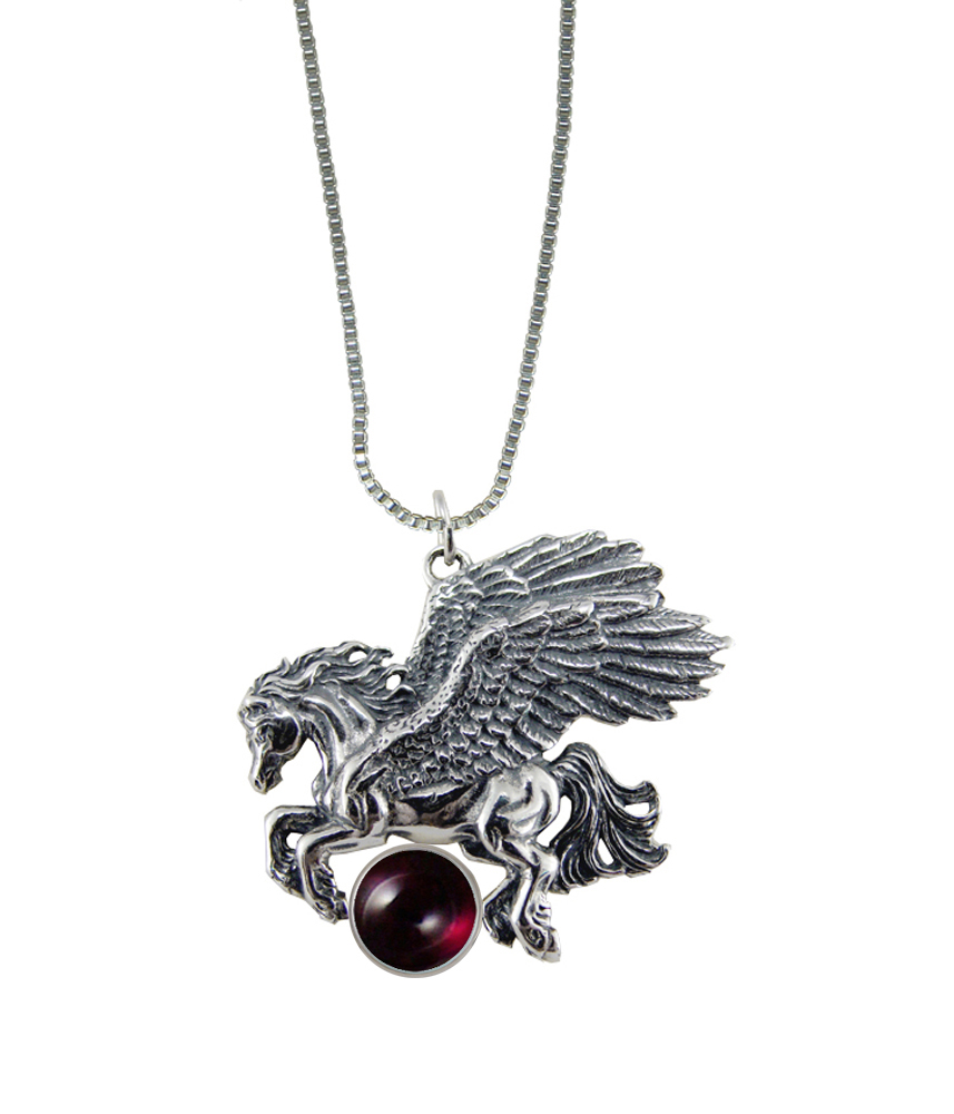 Sterling Silver Detailed Winged Horse Pegasus Pendant With Garnet